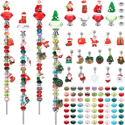 Beaded Garden Stake, DIY Fairy Wand Beaded Decorative Garden Stake Kit with 12IN Threaded Rod Crystal Stopper Top Large Holes Beads Christmas Decoration Pendants Outdoor Fairy Garden kit (110 Pieces)