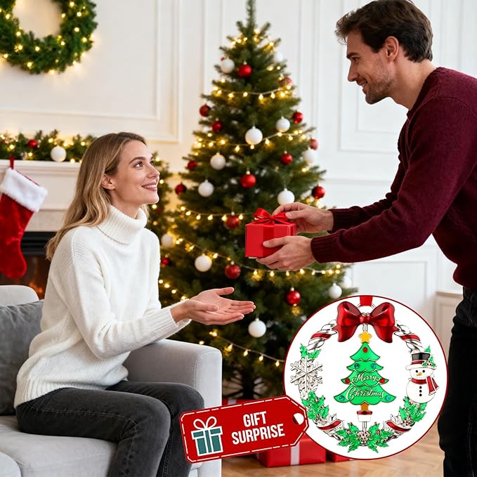 Christmas Ornament 2025 for Christmas Tree Hanging Decorations, Xmas Wreath Ornament with Rotatable Christmas Tree, Dated 2025 Metal Xmas Ornament for Holiday Decorative Keepsake Gift