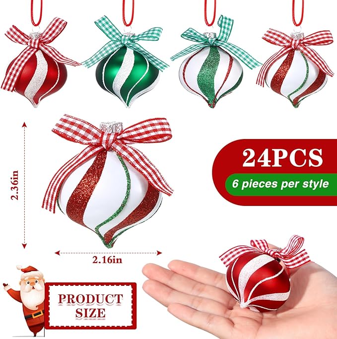 Syhood 24 Pcs Christmas Tree Ornaments, Christmas Ball Decorations Set, Shatterproof Baubles Xmas Tree Hanging Decor, Peppermint Candy Ball Red White Green Stripes Party Holiday(Bright,2.36 Inches)