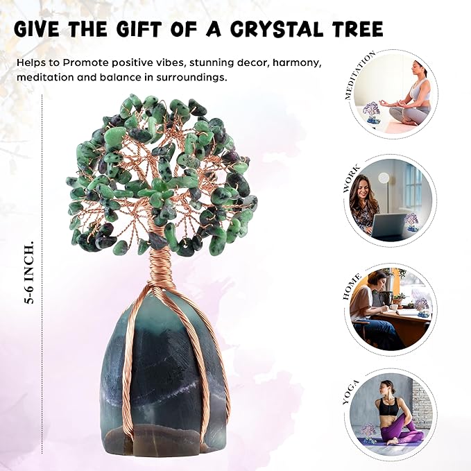 Crocon Ruby Zoisite Crystal Tree with Fluorite Rough Base Tree of Life Decor for Shelf, Bedroom, Birthday Gifts for Women, Sister Birthday Gift for Mom, Cute Home Decor Present