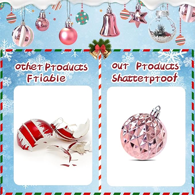 ILLUMINEW 111-Pack Christmas Balls Ornaments,Assorted Shatterproof Pink Christmas Ornaments Set, Luxurious Hanging Pendants Package for Tree Party Holiday Indoor Decor