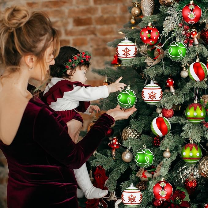 Leyndo 30 Pcs Christmas Ball Ornaments 2.4 Inch Lime Green Red White Whimsical Christmas Tree Decorations Glitter Elf Polka Dot Stripes Swirl Peppermint Candy Cane Xmas Bulbs for Tree(Classic Style)