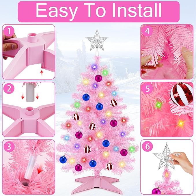 [ Remote Control & 12 Modes ] 3 Ft Christmas Tree with Timer 50 Warm White & Multi Color Lights, 15 DIY Ornaments 3D Star Topper - Artificial Small Pink Christmas Tree for Home Indoor Tables - Pink
