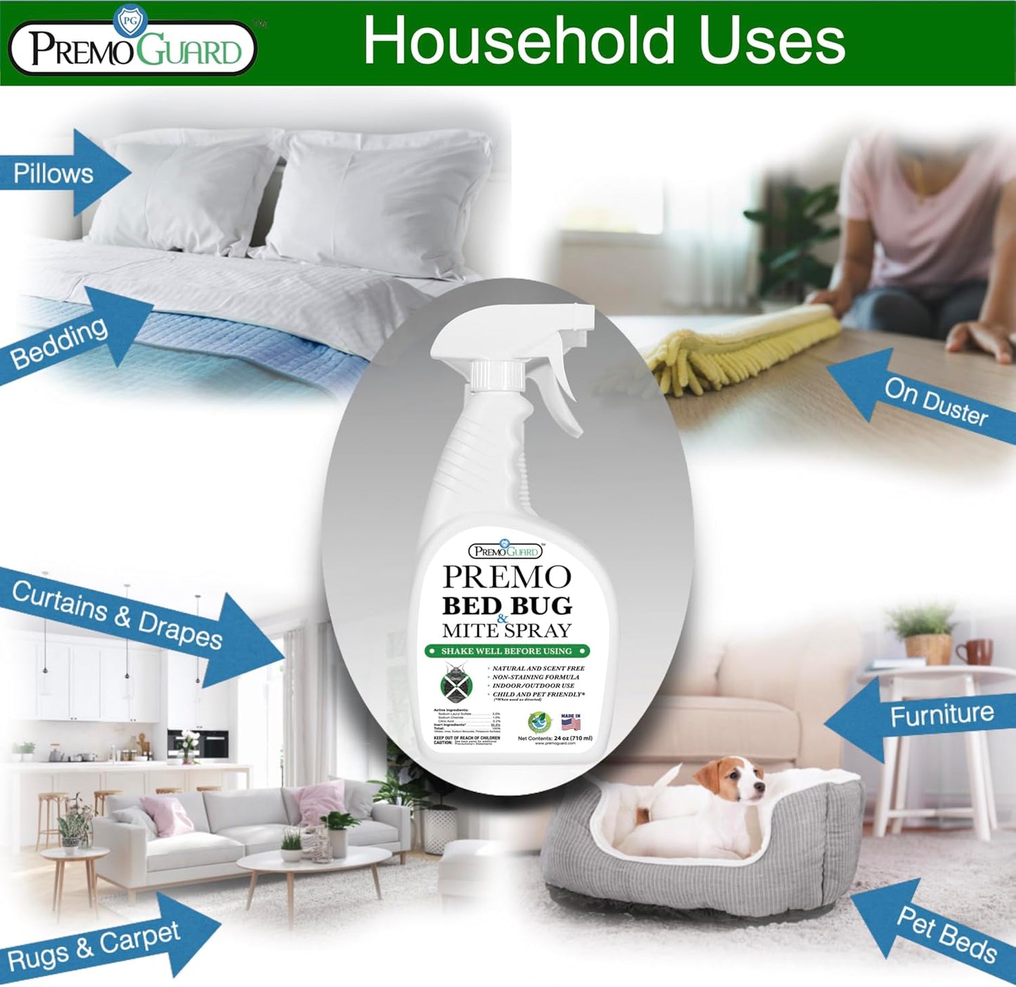 Premo Guard Bed Bug Killer Spray 24 oz - University Tested 100% Kill Rate - Natural Non Toxic, Stain & Scent Free - Kill Bedbugs & Mites On Bed & Blankets, Furniture, Clothing - Child & Pet Safe