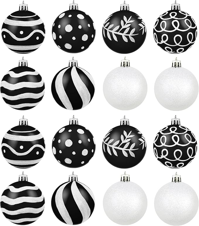 MCEAST 16 Pieces 3.15 Inches Christmas Balls Christmas Tree Pendants Shatterproof Decorative Baubles Balls for Christmas Tree Decoration, Black, White
