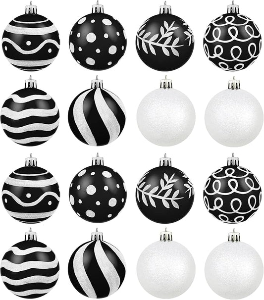 MCEAST 16 Pieces 3.15 Inches Christmas Balls Christmas Tree Pendants Shatterproof Decorative Baubles Balls for Christmas Tree Decoration, Black, White