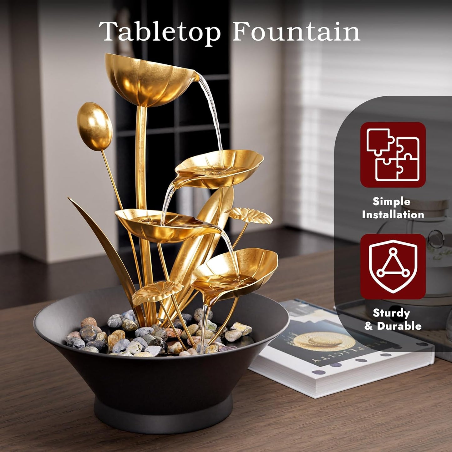 Tabletop Water Fountain, Indoor Waterfall Meditation Fountain with Golden Lotus Modeling & Natural Rocks, Home Decor for Office, Bedroom