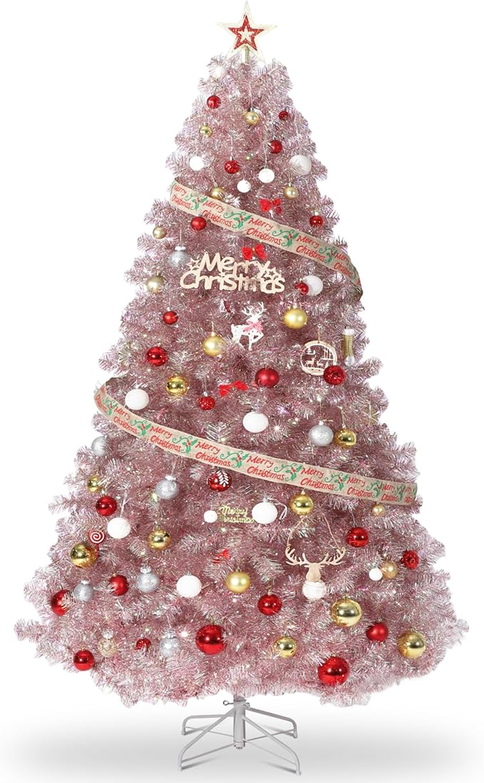 GAOMON 7.5Ft Christmas Tree, Rose Gold Artificial Full Prelighted Christmas Tree with Sturdy Metal Stand & Realistic Branch Tips, Skinny Xmas Holiday Decoration for Christmas, Home, Office, Rose Gold