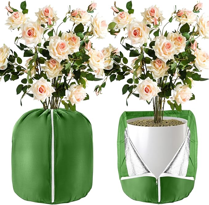2 Pcs Plant Pot Covers for Winter Potted Plant Freeze Protection Cover Frost Jacket with Zipper Drawstring to Keep Outdoor Plants Flowers Shrubs Trees Warm (17.7" D x 19.7" H - Green)