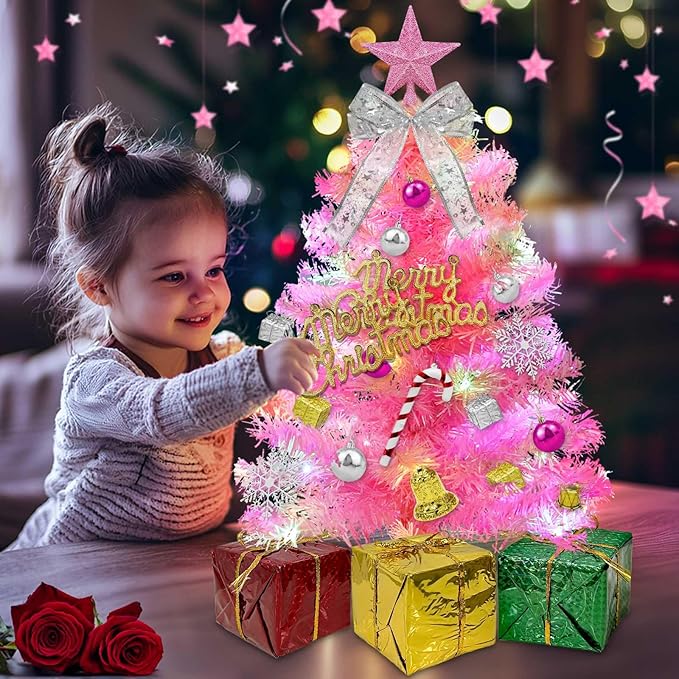 Dual Color Change&Remote Control-24 Inch/2FT Pink Small Christmas Tree with Lights Timer,Warm White&Colored Changing Lights Orantments Gift Boxes 8 Modes Mini Tabletop Christmas Tree Indoor Home Decor