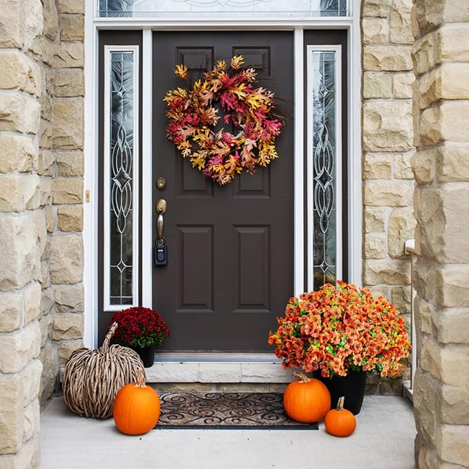 Artificial Fake Plants Flowers for Outdoor Fall Autumn Decoration，16 Bundles Fake Plants UV Resistant No Fade Faux Plastic Greenery Boxwood Porch Patio Fall Mums Home Decor