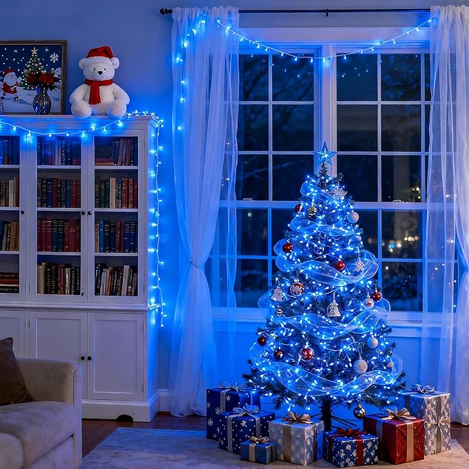 JMEXSUSS 250 LED Blue String Lights Indoor, 91.5ft Connectable Christmas Lights Outdoor Waterproof, 8 Modes Blue Christmas String Light for Party Garden Tree Halloween Decoration