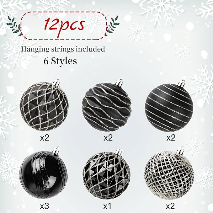 SHareconn 80mm Christmas Balls Ornaments,12PCS Colored Shatterproof Plastic Decorative Hanging Tree Decorations Baubles Set for Xmas Tree Decor Holiday Party Wedding Decoration with Lanyard,Black&Gold