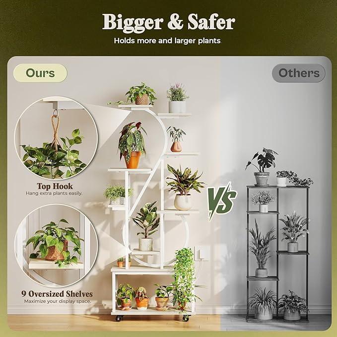 PRAISUN 65 Inch Plant Stand with Grow Light, 9 Tiered Indoor Plant Shelf with Larger Flower Holder, Music Note-shaped Stand with Top Ring Hook , Corner Plant Rack for Living Room, White