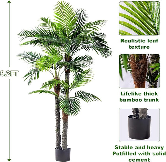8.2FT Artificial Phoenix Palm Tree Artificial Plants Indoor Outdoor Large Faux Coconut Silk Palm Tree Tropical Fake Tree Faux Sago Palm Plant for Modern Farmhouse Yard Outside Patio Poolside