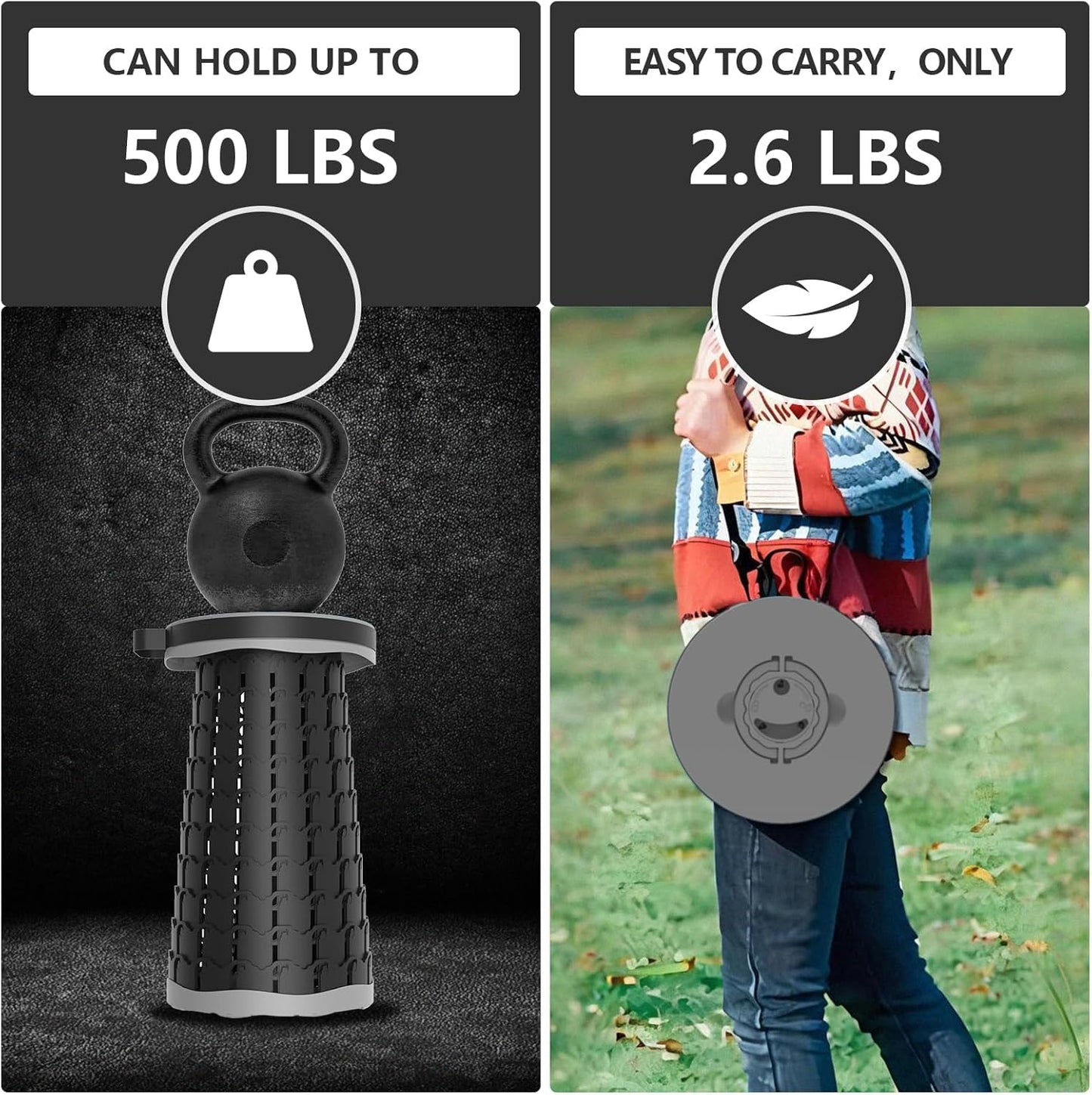 Upgraded Collapsible Stool with Max Load Capacity 330lbs Portable Telescoping & Folding Design Retractable Seat for Camping, Gardening, Fishing & Outdoor Adventures (Grey)