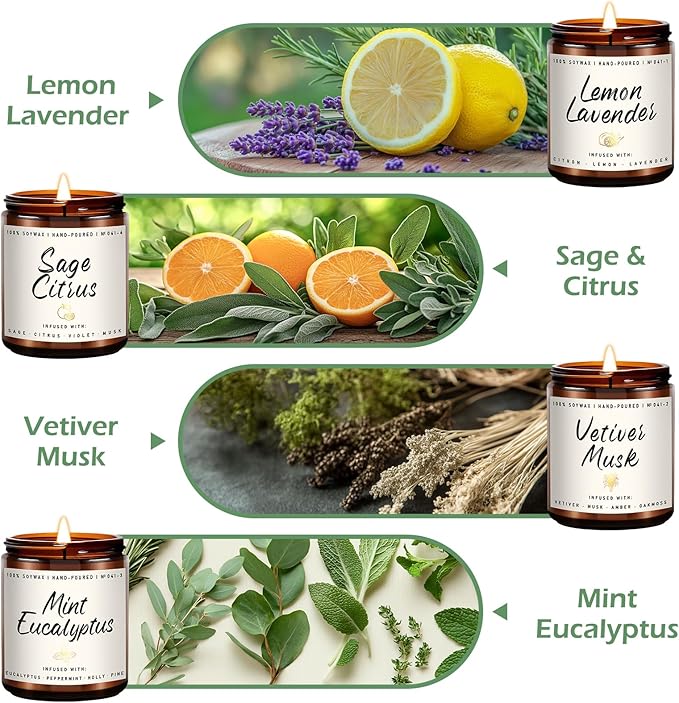 Scented Candles Set | Scented Candle for Home - 4 Pack Candle Gifts, Soy Candles for Home - Aromatherapy Gift of Mint Eucalyptus/Lemon Lavender/Sage Citrus/Vetiver Musk