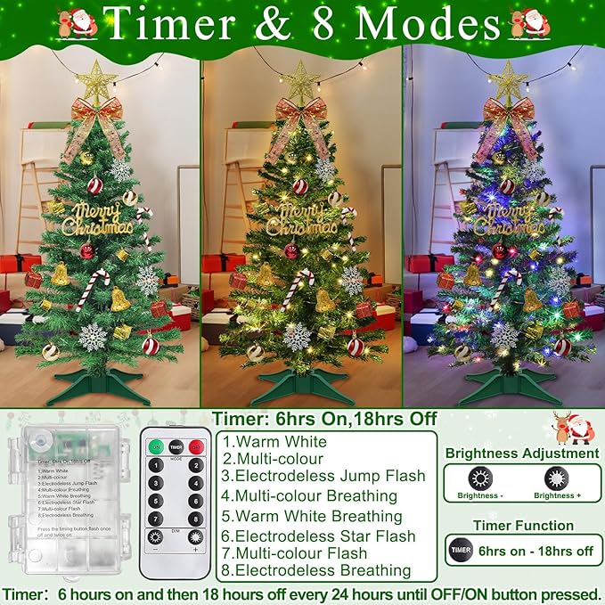 Dual Color Change 3Ft Small Christmas Tree with Timer Remote, 8 Modes 50 Warm White&Colorful Change Lights, 3D Star&44 Ornaments, Battery Operated, Mini Christmas Tree Table Indoor Holiday Party Decor