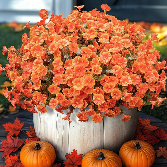 Artificial Fake Mums for Outdoor 16 Bundles Fall Orange Morning Glory for Halloween Decorations