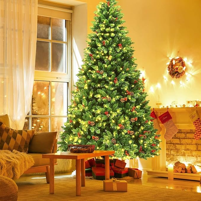 Happygrill 7.5 Feet Christmas Tree Hinged Artificial Christmas Tree with Sturdy Metal Stand Pine Cones and Red Berries, 1526 Branch Tips Xmas Tree for Home Office