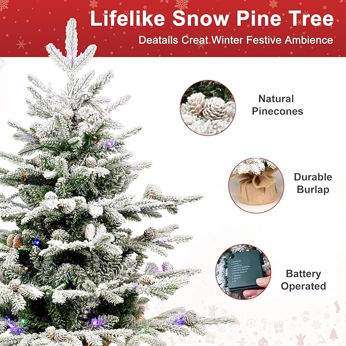 Prelit Flocked Christmas Tree, Artificial Small Christmas Tree with Led Lights, Frosted LED Xmas Tree with Snow (3FT-Lights)