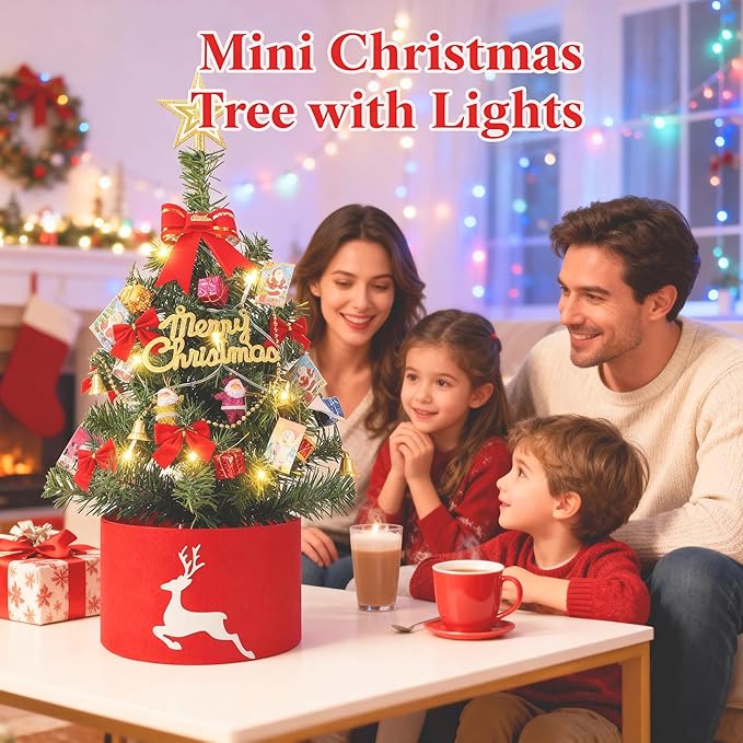 2FT Mini Christmas Tree with Lights, Pre-Lit Artificial Christmas Tree with Tree Skirt & Star Topper, Green Tabletop Xmas Tree for Home, Office, Bedroom, Party Decor (Battery Not Included)