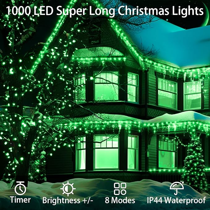JXLEDAYY 403 FT 1000 LED Christmas Lights Outdoor Fairy Lights Plug in Clear Wire String Lights Waterproof 8 Modes Timer for Outside House Tree Garden Patio Yard Party Holiday Decorations-Green