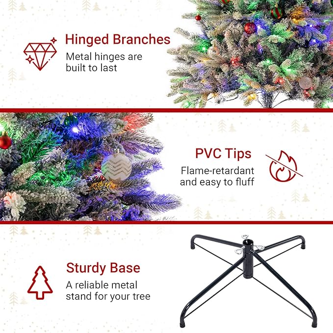 6ft Prelit Green Artificial Christmas Tree with 200 Multi-Color LED, 4 Color 8 Mode, Flocked Hinged Xmas Tree with 1000 Realistic Branche, Easy Assembly for Home Office Holiday Decoration