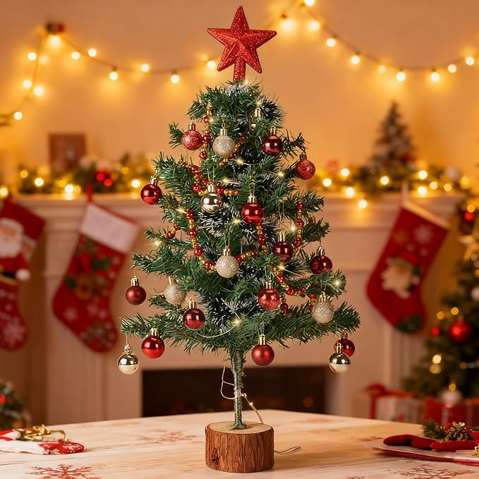 Christmas Tree, Tabletop Christmas Tree with Lights, Christmas Decoration MIni Xmas Trees Artificial Desktop Trees Wood Base Small Christmas Trees (2FT, Remote Control)
