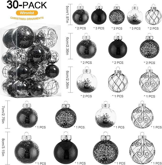 Wironlst Christmas Ball Ornaments Shatterproof Clear Large Plastic Hanging Ball Decorative Baubles Set with Stuffed Delicate Decorations (Multi-Size, Black)