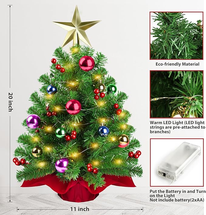 Small Tabletop Christmas Tree, 22 Inch Mini Artificial Prelit Christmas Tree Decorated with Warm Lights, Colorful Ornaments, Star Treetop, Red Berries and Cloth Bag Base for Holiday Decoration