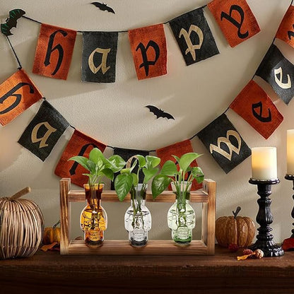 Plant Terrarium Propagation Stations Hydroponics Halloween Skull Planter Vase Skulls Decor with Wooden Stand Gift for Father