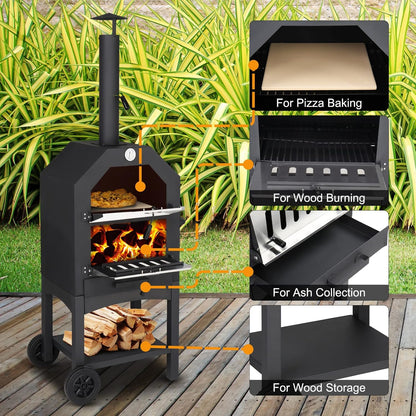Outvita Outdoor Pizza Oven, Wood Fired Pizza Oven with Adjustable Chimney, Wheels, Pizza Stone, Pizza Peel, Grill Rack for Patio Cooking Picnic Party