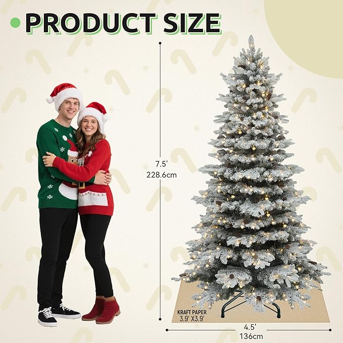 GOOBED 7.5FT Pre-Lit Flocked Spruce Christmas Tree with 550 Lights & 1278 Tips, Pre-Decorated Mountain Pine Layered Spruce Christmas Tree w/Remote, 11 Modes & 3 Timers for Home, Porch & Holiday Decor