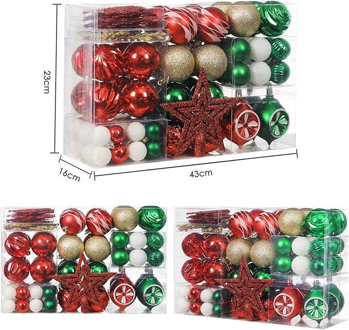 XmasExp 99-Pack Christmas Ball Ornaments Assorted Shatterproof Christmas Tree Decorations with Hand-held Gift Package for Xmas Tree,Home,Party(Green-Gold)