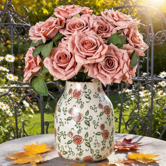 Green and Beige Vintage Round Vase, Red Rose Chinoiserie Floral Vase, Farmhouse Antique Decorative Ceramic Flower Vases for Bouquet, Home Decor, Living Room, Bookshelf, Office, Tuscan Decor 7.8 Inch