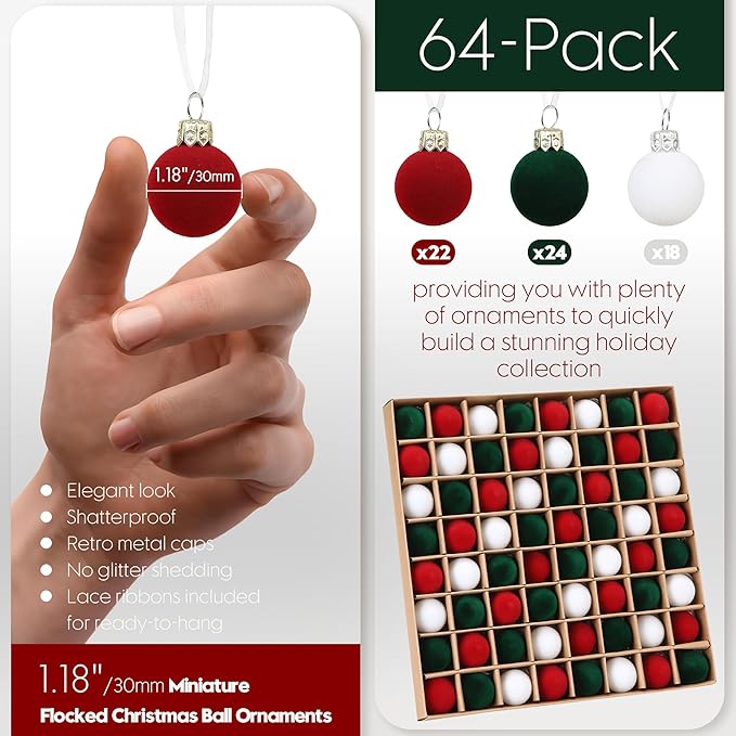 Sea Team 64-Pack Miniature Flocked Velvet Christmas Tree Ball Ornaments Set, Hanging Velour Baubles, Shatterproof Plastic Decorations for Xmas Tree, Wreath, Garland, 30mm/1.18 Inches, Elf