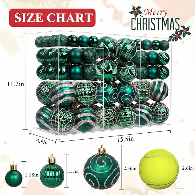 100 Pack Dark Green Christmas Ball Ornaments Set, Hand-Painted Shatterproof Hanging Decorations, Assorted Emerald Green Baubles Bulk for Xmas Tree Wreath, Winter Holiday Home Party Decor