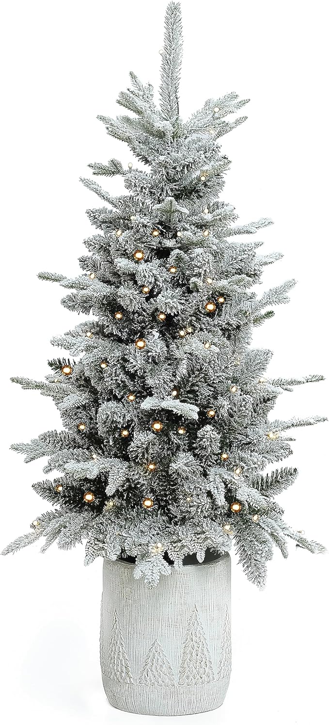 LuxenHome 4FT Small Potted Christmas Tree, Battery Operated Flocked Christmas Tree with 70 LED Lights, Prelit Artificial Xmas Trees with Pot, Lighted Pine Tree for Indoor, Outdoor Holiday Display