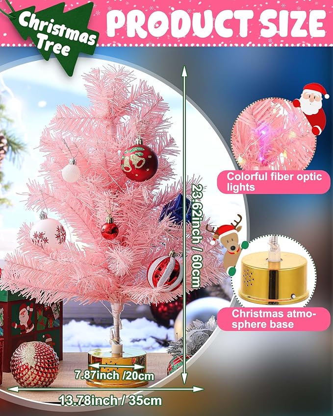 2FT Pink Rotating Christmas Tree with Music and LED Lights, 360° Spinning Tabletop Mini Xmas Tree with Base Christmas Decor for Small Space Home Office Desk Holiday Gift