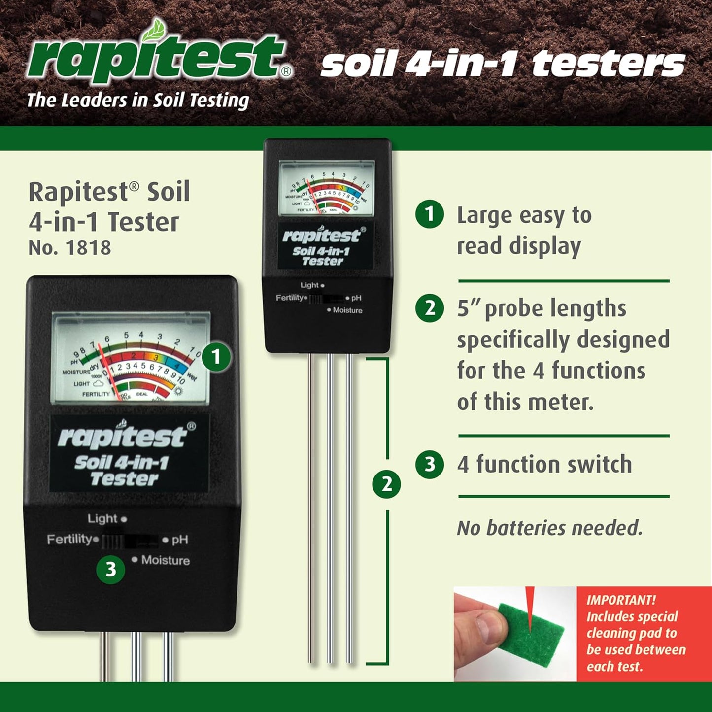 Luster Leaf 1818 Rapitest 4-in1 Soil pH/Moisture/Fertility/Light Tester, Fertility