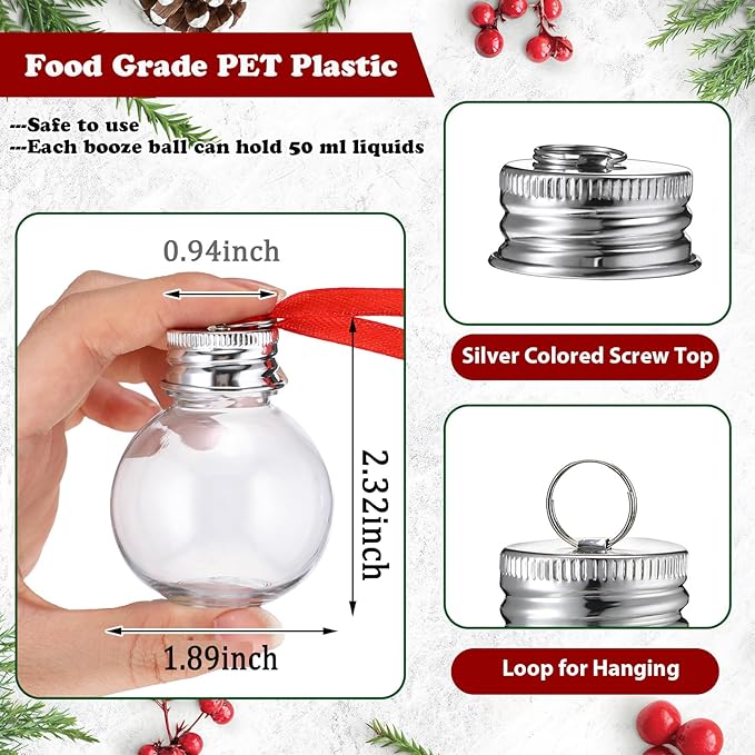 Patelai 18 Pcs Christmas Drink Balls Shot Glass Ornament Plastic Fillable Christmas Tree Ornaments Xmas Water Bottle Bulbs for Holiday Party Indoor Outdoor (Silver Lid)