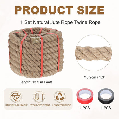MECCANIXITY Jute Rope 1.3 Inch x 44ft, Thick Twine Rope Ropes Braided Jute Twine Natural Brown Burlap Cord String Heavy Twisted with Tapes for Decorative Crafts Railing Swing Tug of War