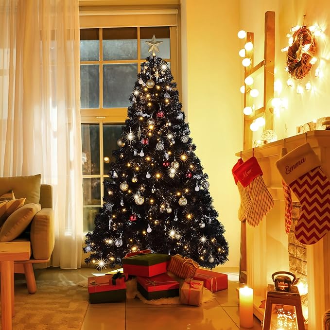VINGLI 6ft Black Pre-lit Artificial Christmas Pine Tree with 250 Warm White Lights, Xmas Tree Holiday Party Decorations with Sturdy Metal Stand, Full 900 Tips Branch, 8 Color Modes