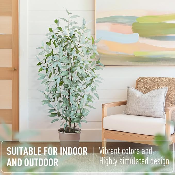 5FT Artificial Ficus Tree,Large Fake Plants with Pot,Faux Floor Plant with White Leave Fake,Artificial Plants Indoor for Home Office Decor