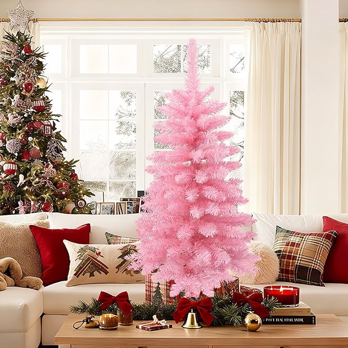 3FT Tabletop Mini Christmas Tree, Artificial Small Christmas Tree for Home, Desk, Office, and Xmas Party Holiday Décor, Easy Assembly, Pink