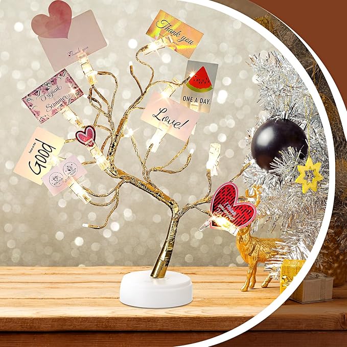 Mudder Money Holder Tree Present Card Holder with 12 Clear Clips LED Birch Twig Lights Tabletop Display Tree for Christmas, Valentines, Memo, Photo, Wedding(Cute Style,Gold, Warm White)
