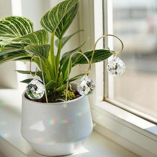HDCRYSTALGIFTS 9pcs 30mm Crystal Ball Prism Suncatchers with 7.5'' Gold Plant Pot Trellis for Miniature Garden and Potted Plant Decorations, Fairy Garden Sun Catchers for Indoor Plants Accessories