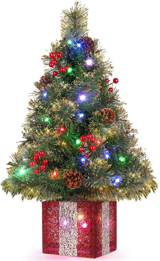 Mini Christmas Tree with Lights, 2 Foot Tabletop Christmas Trees with Gift Box Base&Ornaments, Easy Setup Artificial Xmas Trees, Twinkling Tiny Christmas Tree Battery Powered for Bedroom