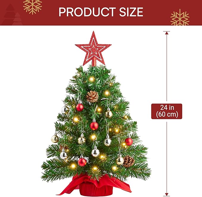 Joiedomi 24 Inch/2FT Tabletop Mini Christmas Prelit Decoration, Artificial Mini Xmas Pine Tree with Prelit LED String Lights and Ornaments Decor, Christmas New Year Decoration Tree Decor